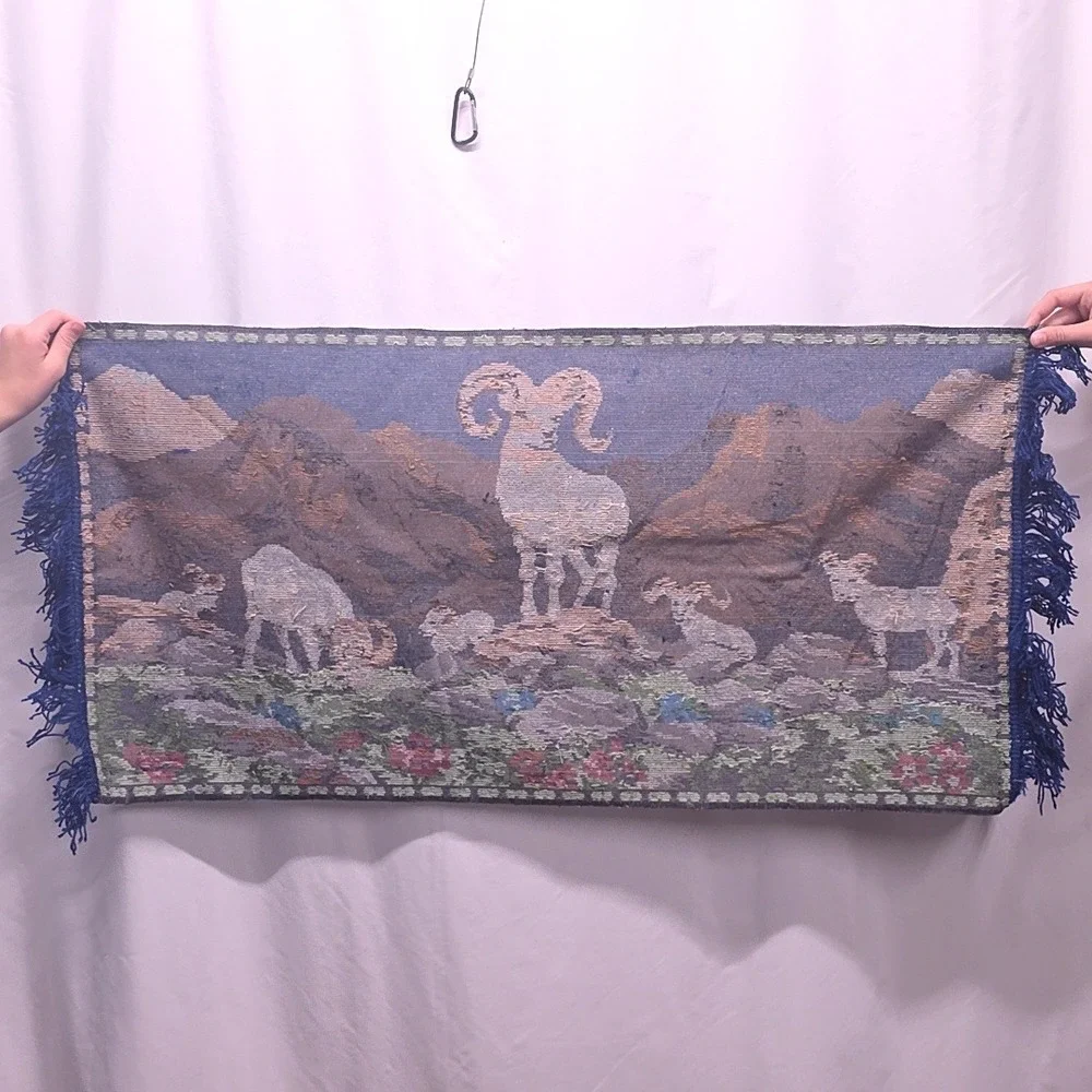 Vintage Ram Tapestry Blue Bighorn Sheep Mountain Velvet Fringed Wall Hanging